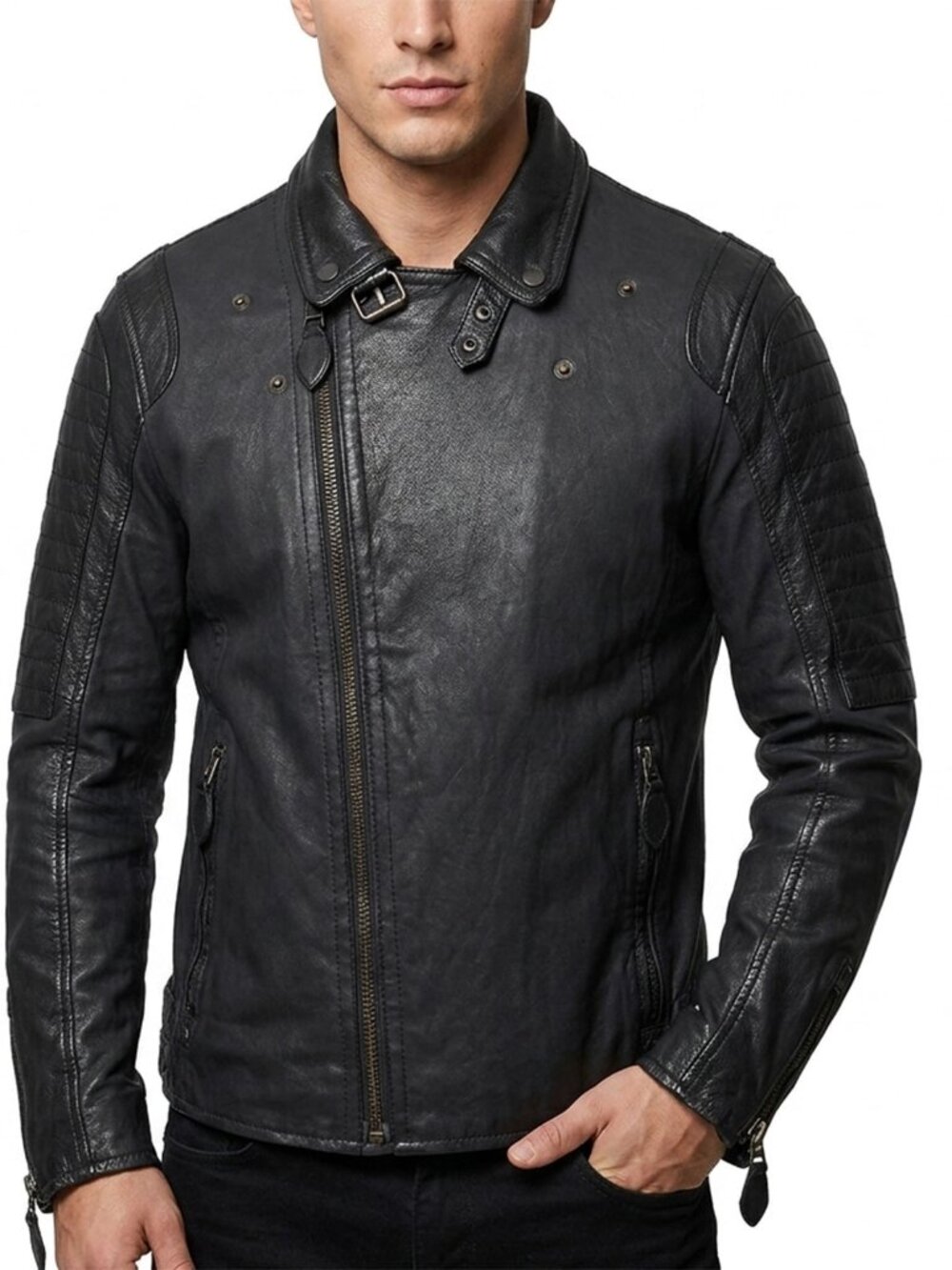 Danier Black Cotton/Leather Moto Biker Jacket Ribbed Detail Unisex